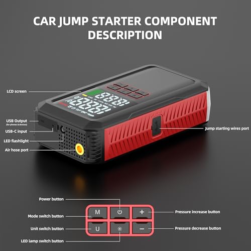 5000A Car Battery Jump Starter with Air Compressor 160PSI, Battery Jumper Starter Portable 7.0L Gas/6.0L Diesel, Jumper Cables, Car Battery Charger with Power Bank & Light, Roadside Emergency Kit