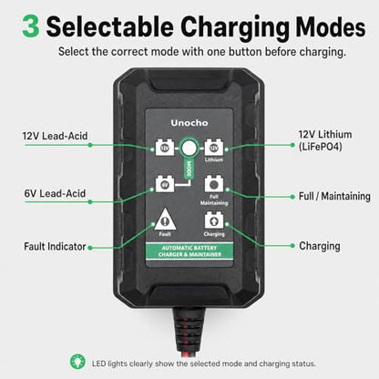 Unocho 1.5A Smart Battery Charger Maintainer for 6V 12V Lead Acid and 14.4V LiFePO4 Batteries, Automatic Trickle Float Charger with SAE Clips for Car Motorcycle Lawn Mower Boat