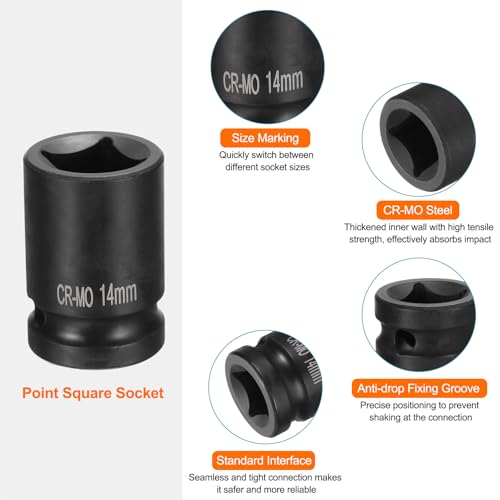 HARFINGTON 2pcs 4 Point Square Socket 1/2" Drive 14mm Metric Square Impact Socket CR-MO Blackening Standard Wheel Sockets Pneumatic Socket Tool for Auto Repair Mechanical Maintenance Home Use - size: 14mm
