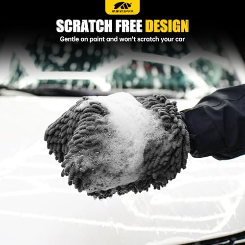MIKKUPPA Car Wash Mitt Microfiber - Double-Sided Chenille Scratch Free Mitt with Waterproof Inner for Car Washing Home Cleaning (Gray, 2Pack, 10'' x 7'') - color: Gray
