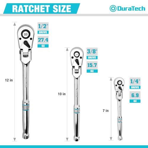 DURATECH 3-Piece Flex-Head Drive Ratchet Handle, 1/4", 3/8", 1/2" 90-Tooth Quick-Release Ratchet Wrench with 180° Pivoting Head & 7-Position Setting, Reversible, CR-V Made, Full Polished,Gifts for Men - size: Combo Kit(Polished)