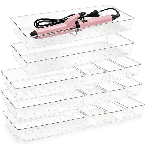 14 Pcs Clear Plastic Drawer Organizer Tray with 2 Pcs 15"x6" Extra Large Trays, Multi-Purpose Storage Bins for Vanity, Makeup, Kitchen Utensils, Bathroom, Office Desk, Auto Tools & Craft Supplies - size: 2 Pack 15×6", 3 Pack 9×6", 9 Pack 3×6"