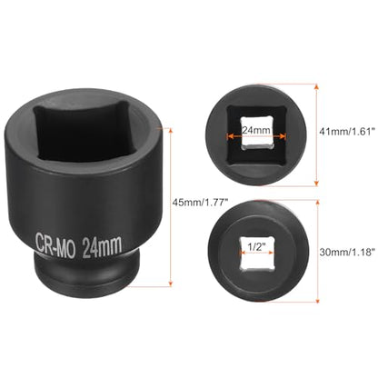 HARFINGTON 2pcs 4 Point Square Socket 1/2" Drive 24mm Metric Square Impact Socket CR-MO Blackening Standard Wheel Sockets Pneumatic Socket Tool for Auto Repair Mechanical Maintenance Home Use - size: 24mm