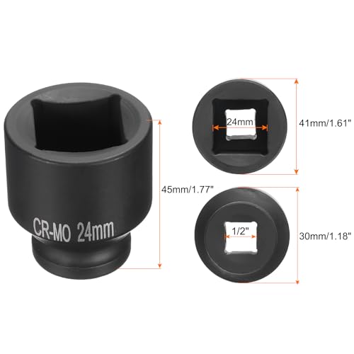 HARFINGTON 4 Point Square Socket 1/2" Drive 24mm Metric Square Impact Socket CR-MO Blackening Standard Wheel Sockets Pneumatic Socket Tool for Auto Repair Mechanical Maintenance Home Use - size: 24mm