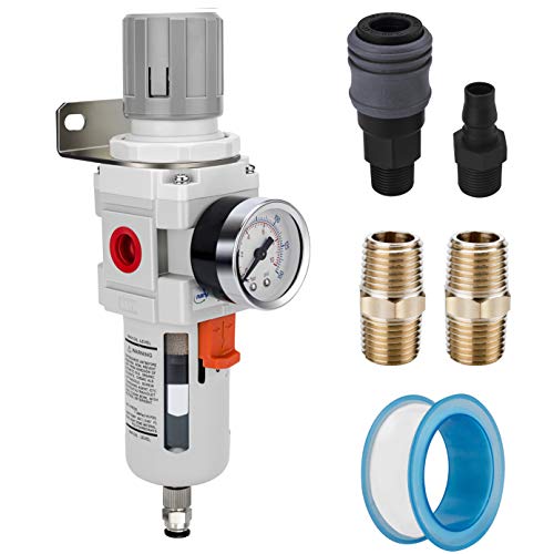 NANPU 3/8" NPT Compressed Air Filter Regulator Combo Piggyback, 5 Micron Brass Element, Poly Bowl, Semi-Auto Drain, Metal Bracket, 0-150 psi Gauge | 5-micron brass element water/oil separator, poly bowl, semi-auto drain, 70 SCFM, 0-150 psi gauge—for air t