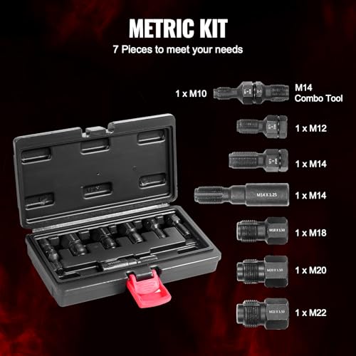 VEVOR Thread Chaser Set 7-Piece - Metric Thread Restorer Tool - M10 M12 M14 M18 M20 M22 Rethreading Tool Kit with Storage Case for Automotive Thread Repair Applications - size: 7PCS, style: METRIC