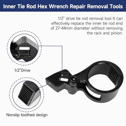 Inner Tie Rod Removal Tool Kit for Most Vehicles Inner Tie Rod | Universal 3/8'' Inner Tie Rod U-Wrench Tool and 27-44mm Tie Rod End Hex Wrench Tool with 1/2" Drive