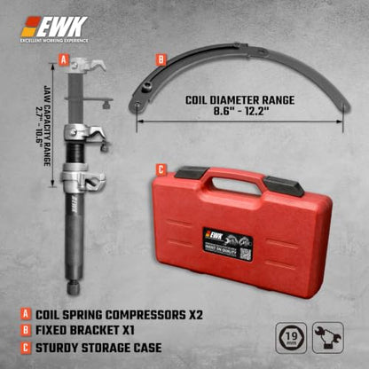 EWK Coil Spring Compressor Tool Set, 3-Piece Kit for MacPherson Strut | Parallel Safety Bracket & Dual Anti-Slip Jaws for Stable Spring Compression, 2645 lb Capacity
