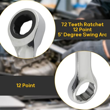 14mm Ratcheting Wrench 2 Pcs 72-Tooth 12-Point Chrome Plated | Forged 45# Carbon Steel Durable, 5-Degree Arc For Tight Spaces, 12-Point Protects Fasteners, Polished Chrome Anti-Rust - size: 14mm