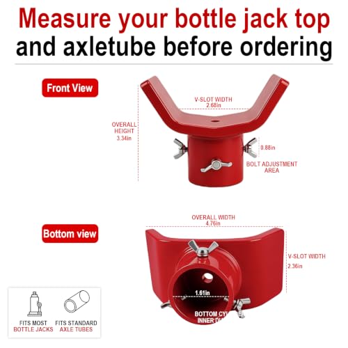 Bottle Jack Adapter,V-Shaped Axle Saddle, Adjustable Bolts(Red) | Fits compatible 2T-12T bottle jacks with jack ram up to 1.61 in;threaded side bolts help center the adapter on the jack top - color: Red Bolts