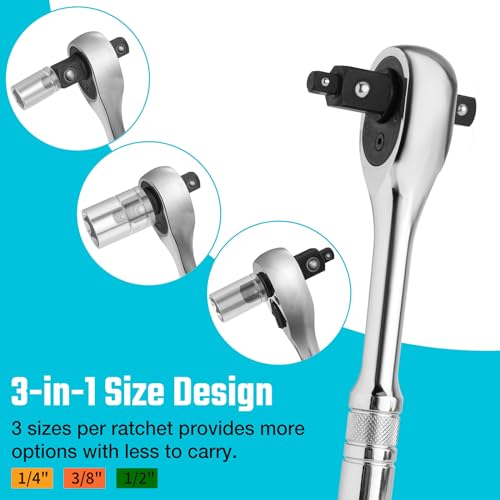 DURATECH 3-IN-1 Ratchet Handle, 1/4", 3/8", 1/2", with 2 Extension Bars | 72-Tooth, Reversible Switch, Full-Polished Chrome Plating, Alloy Steel - style: Ratchet Set