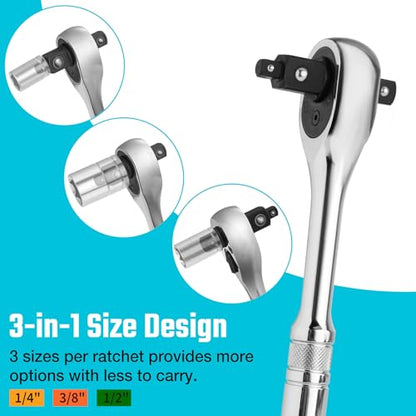 DURATECH 3-IN-1 Ratchet Handle, 1/4", 3/8", 1/2", with 2 Extension Bars | 72-Tooth, Reversible Switch, Full-Polished Chrome Plating, Alloy Steel - style: Ratchet Set
