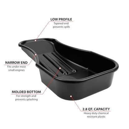 Performance Tool W4073 Heavy Duty 2.8 Quart Oil Drain Pan with Splash Guard and Tapered Spout for Lawn Equipment and Motorcycles - style: Low Profile Drain Pan 2.8qt