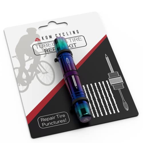 KOM Cycling Tubeless Tire Repair Kit for Bikes 8 Colors! Fixes Mountain Bike and Road Bicycle Tire Punctures – Includes Tire Repair Fork Reamer, 8 Bacon Strips. Tubeless Bike Repair Kit - color: Iridescent