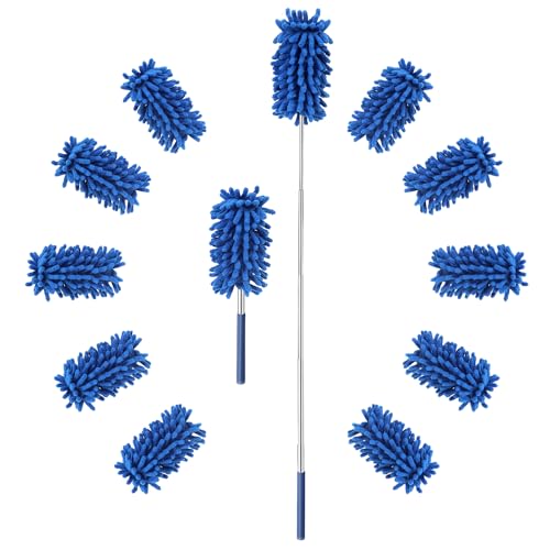 ZZ LAZYCOTTAGE 12 Pack Microfiber Dusters for Cleaning, High Duster with Extension Pole, Long Handled Feather Dusters, Household Cleaning Supplies for Ceiling, Car, Furniture, Fan, Sofas(Blue) - color: Blue