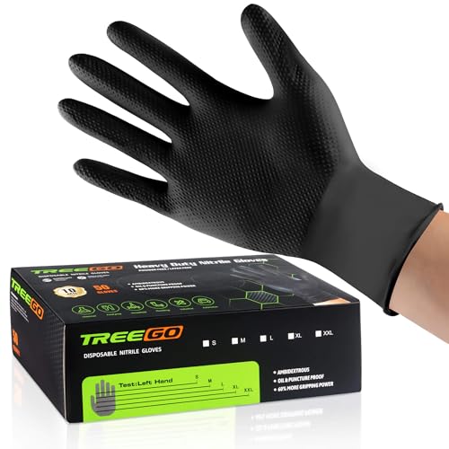 TREEGO 10 Mil Heavy Duty Black Nitrile Mechanic Gloves, 50 Count XL | Diamond Grip, Latex & Powder Free for Heavy Equipment Service, Truck Repair & Industrial Maintenance - color: Black 50, size: X-Large