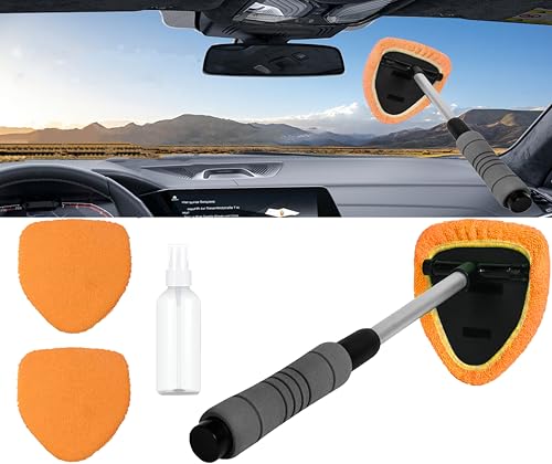 Car Windshield Cleaner Tool with Reusable Microfiber Pads Extendable Handle (1, Orange) - color: Orange