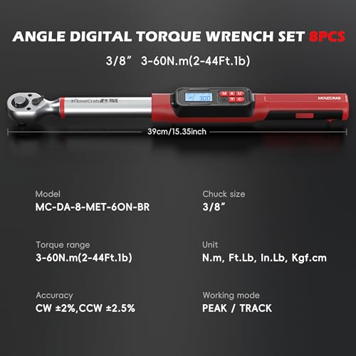 3/8" Drive Digital Angle Torque Wrench 2-44 Ft.lb (3-60 N.m), Angle Measurement 0.1° with LED Display & Buzzer, for DIY Auto Car Motorcycle Repair & Engineering - size: Angle 3/8" 3-60N.m/2-44Ft.lb