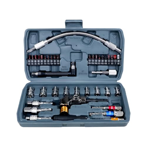 39-Piece Flexible Drill Bit Extension Set | 105° Right Angle Adapter, Metric Sockets, Magnetic Bit Holders, Storage Case