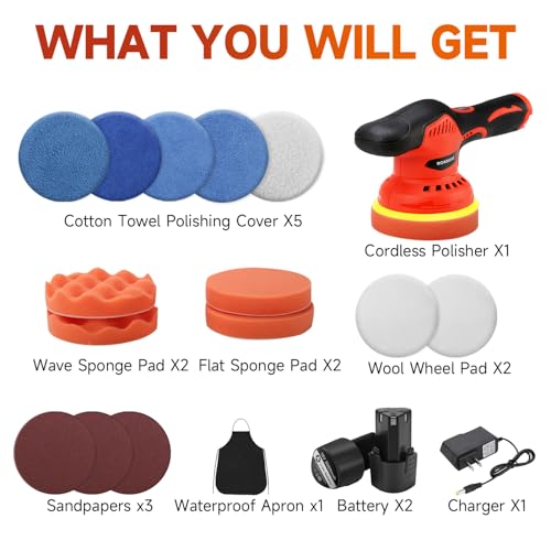 Cordless Car Buffer Polisher with 2PCS 2.0Ah Battery, (5 Inch/6 Inch) 8 Variable Speed Portable Buffer Polisher Kit, Extra 18PCS Attachments for Car Detailing/Polishing/Waxing