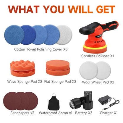 Cordless Car Buffer Polisher with 2PCS 2.0Ah Battery, (5 Inch/6 Inch) 8 Variable Speed Portable Buffer Polisher Kit, Extra 18PCS Attachments for Car Detailing/Polishing/Waxing
