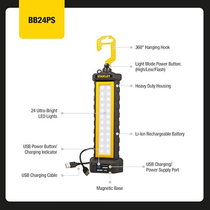 STANLEY BB24PS 650 Lumen Rechargeable LED Bar Light - w/USB Cord,Power in/Power Out Capability - style: 650 Lumen