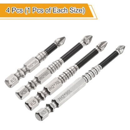 HARFINGTON 4pcs Impact Phillips Screwdriver Bit Set PH2 (#2) Anti Slip Tip 1/4" Hex Shank 2"/2.6"/2.8"/3.5" (50mm/65mm/70mm/90mm) Long Magnetic Cross Screw Driver Drill Bits - size: PH2 x 2"/2.6"/2.8"/3.5"