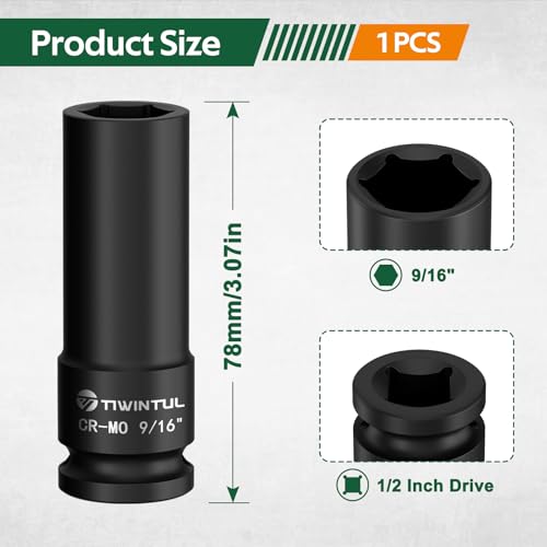9/16" Deep Impact Socket 1/2 Inch Drive for Engine and Transmission Bolts | CR-MO Steel Impact Socket, Anti-Rounding 6 Point Design, 3.07" Length, SAE Impact Socket for Automobile and Home Maintenance - size: 9/16" (Deep)