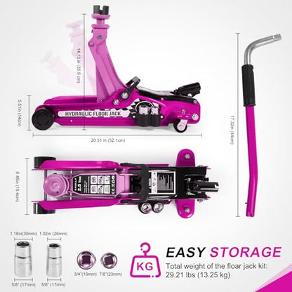 Floor Jack Kit 2.5 Ton (5,500 lbs) | Car Jack - Hydraulic Low Profile Trolley Jack - Tire Tool for SUV and Auto with Lug Wrench Pink - color: Pink