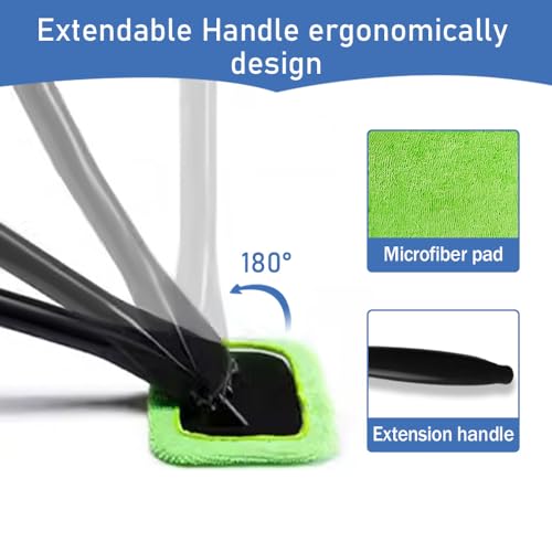 Car Windshield Cleaning Tool, Microfiber Window Cleaner with Long Handle & 4 Washable Reusable Cloth Pads, Auto Home Glass Wiper for Interior Exterior