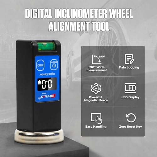 Universal Digital Camber Gauge Wheel Alignment Tool with ± 90° Wide Range | Magnetic Camber Alignment Kit Digital Display Positioning Bubble & Reset Key for Car Truck RV SUVs