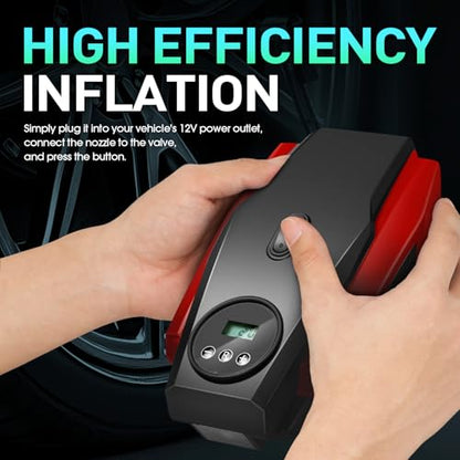 DNA MOTORING Tire Inflator Portable Air Compressor, 12V DC Air Pump for Car Tires, Bike, Motorcycle, Ball, Electric Bike Tire Pump with Pressure Gauge, LED Light, Auto Shut Off, Red, TOOLS-00679-RD - style: Standard red