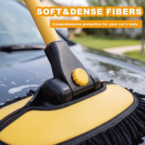 Car Wash Mop with Long Handle 15° Curved Extension Microfiber Scratch-Free Car Wash Brush with 1300GSM Thickened Drying Towel & Soft Bristle Tire Brush Complete Car Wash Kit (Yellow & Black) - color: Yellow & Black