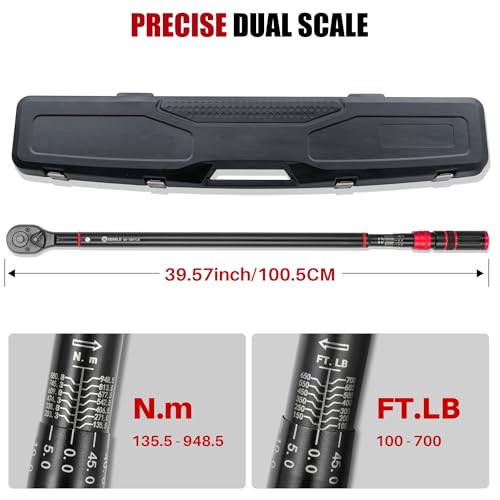 3/4" Drive Click Torque Wrench 100-700Ft.Lb for Truck,HD Vehicles | Inch Pound Torque Wrench(136-949Nm),Dual-Direction Adjustable 48T, 3% Accuracy for Tractor,Combines,Farm Industrial Equipment - size: 3/4"DR. 100~700 FT-LB