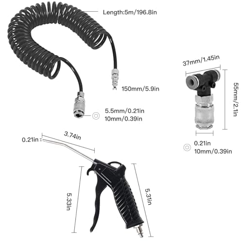 Air Blow Gun Kit Air Duster Cleaning Nozzle Blow Spray Tool Kit with 5 Meter Long Coil PU Air Hose,4×6mm(Black) - color: Black