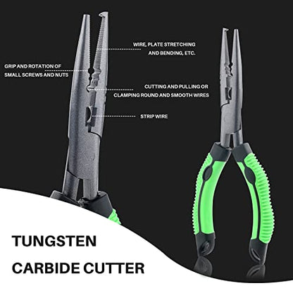 Hikary Long Nose Fishing Pliers, Stainless Steel Hook Remover Braid Cutter Rustproof Multi-Tool Fishing Gripper for Freshwater Saltwater - color: Green-9inch