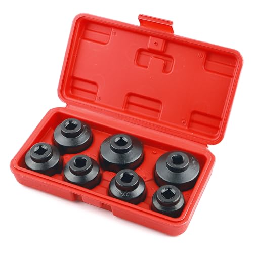 7PCS Oil Filter Socket Set,3/8" Drive 24mm,27mm,29mm,30mm,32mm,36mm,38mm Oil Filter Sockets Compatible with BMW GMC Ford Toyota,Aluminum Alloy Oils Filters Removal Tool Set