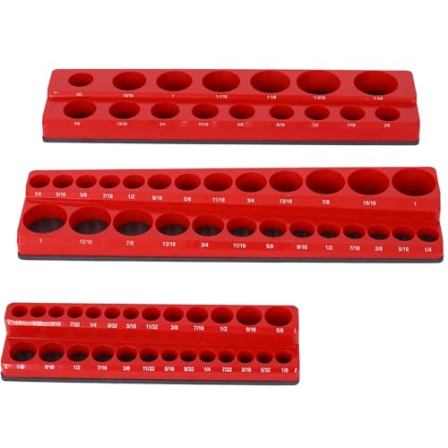 3 Piece SAE Magnetic Socket Organizers - Tool Box Socket Holder Set for 1/4", 3/8", 1/2" Sizes (Red) - color: Red