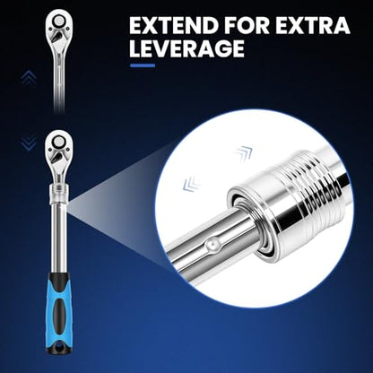 3-Piece Extendable Ratchet Set, 1/4" 3/8" 1/2" Drive 72-Tooth Quick-Release Reversible Socket Wrench with Soft Grip Handle & Storage Tray, CR-V Steel for Auto Repair & DIY - size: Extendable Ratchet