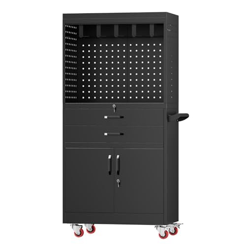 Professional Mobile Tool Cart with Locking Wheels, Large Storage & Built-in Outlet - Heavy Duty Rolling Workbench for Garage, Workshop, Electric Tool Organization and Moving Jobs