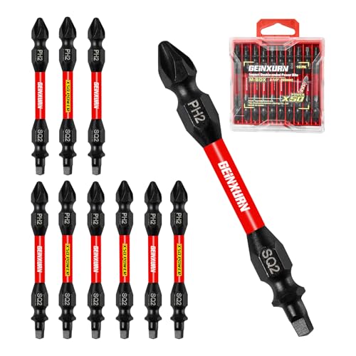 Geinxurn 10Pcs PH2-SQ2 Impact Double End Screwdriver Bit Set, 2.56 in. #2 Phillips /#2 Square Power Driver Bits, Magnetic S2 Steel Two Sides Screwdriver Bits Set with Storage M-Box - style: 2.56"-PH2/SQ2-10PC