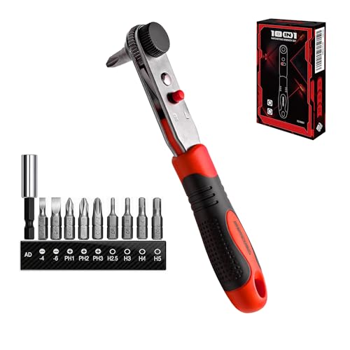 IRONCUBE Angle Ratchet Screwdriver Set: 10 Piece Magnetic Bit with 90 degree Mini Offset Low Profile Reversible Drive Handle - Stocking Stuffers with Gift Box - style: 10-in-1 Bits