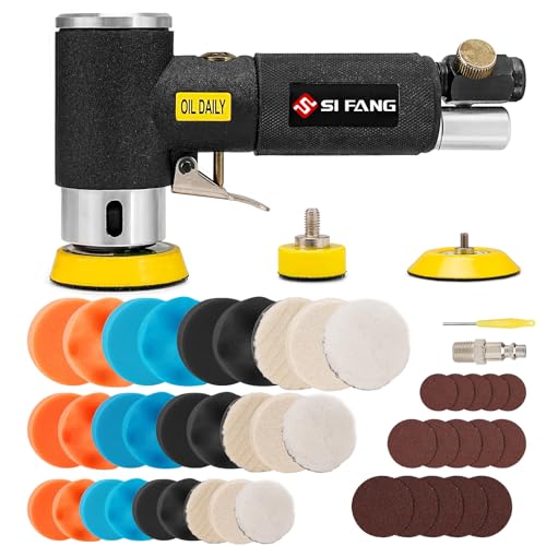 SI FANG 1'' 2'' 3'' Mini Random Orbital Air Sander Kit, High Speed Pneumatic DA Sanders Polisher for Auto Body Work, Includes 27Pcs 1/2/3in Polishing Sponge & Wool Pads, 15Pcs Sandpapers (Black) - style: 1"2"3" Buffer&Sander Kit