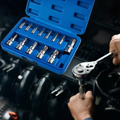 13-Piece Torx Bit Socket Set, T8-T70 Star Bit Sockets | S2 Steel And CR-V Construction with 1/4", 3/8", 1/2" Drive for Automotive And Equipment Repair