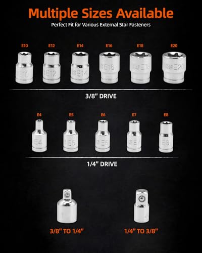 13-Piece E-Torx Socket Set with 6-Point Star Design - E4 to E20 Sizes, 1/4” & 3/8” Drive, Hardened CR-V Steel, Impact Wrench Compatible, Sturdy Molded Case - style: E-Torx Socket Set