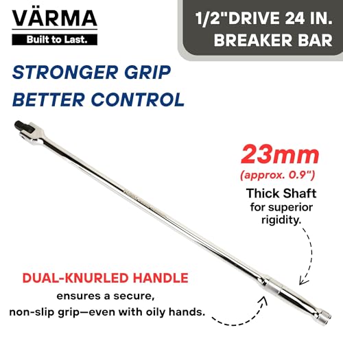 1/2-Inch Drive Breaker Bar, 24-Inch – Heavy Duty CR-MO Head & 23mm Thick Shaft – Dual-Knurled Non-Slip Grip, Constant Tension Flex Head, Premium Mirror Chrome Finish - size: 1/2" Drive x 24"