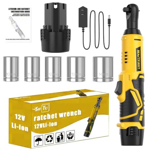 Cordless Electric Ratchet Wrench Set, Brushless Motor, 12V Cordless Ratchet Tool Kit, for automotive repair of bolts and nuts, angled chargeable wrench. (yellow) - color: Yellow