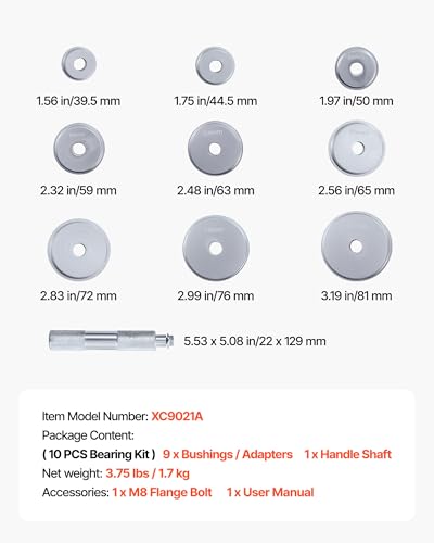 VEVOR 10 Pcs Bushing Bearing Race and Seal Driver Set with 9 Bushings and Handle Shaft, Bushing Driver Tool Set, Heavy Duty Aluminum Alloy Removal Puller Installation Tool Kit - size: 10pcs