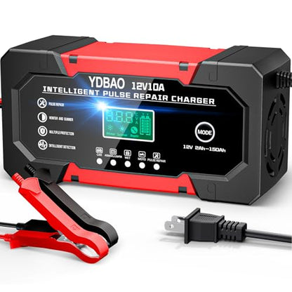 Car Battery Charger 12V 10A Smart Trickle Charger Fully Automatic | Battery Maintainer Temperature Compensation LCD Display 8-Layer Protection Suitable for Car Truck Motorcycle Lawn Mower Boat - color: Black