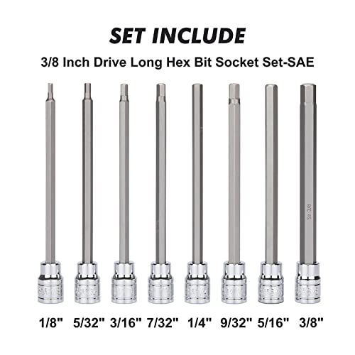 CASOMAN 18 Pieces 3/8 Inch Drive Long Hex Bit Socket Set,1/8 Inch to 3/8 Inch, 3mm to 10mm, SAE&Metric, Extra Long Allen Hex Bit Socket Set, CR-V and S2 Steel - size: 18 Pieces Metric & SAE